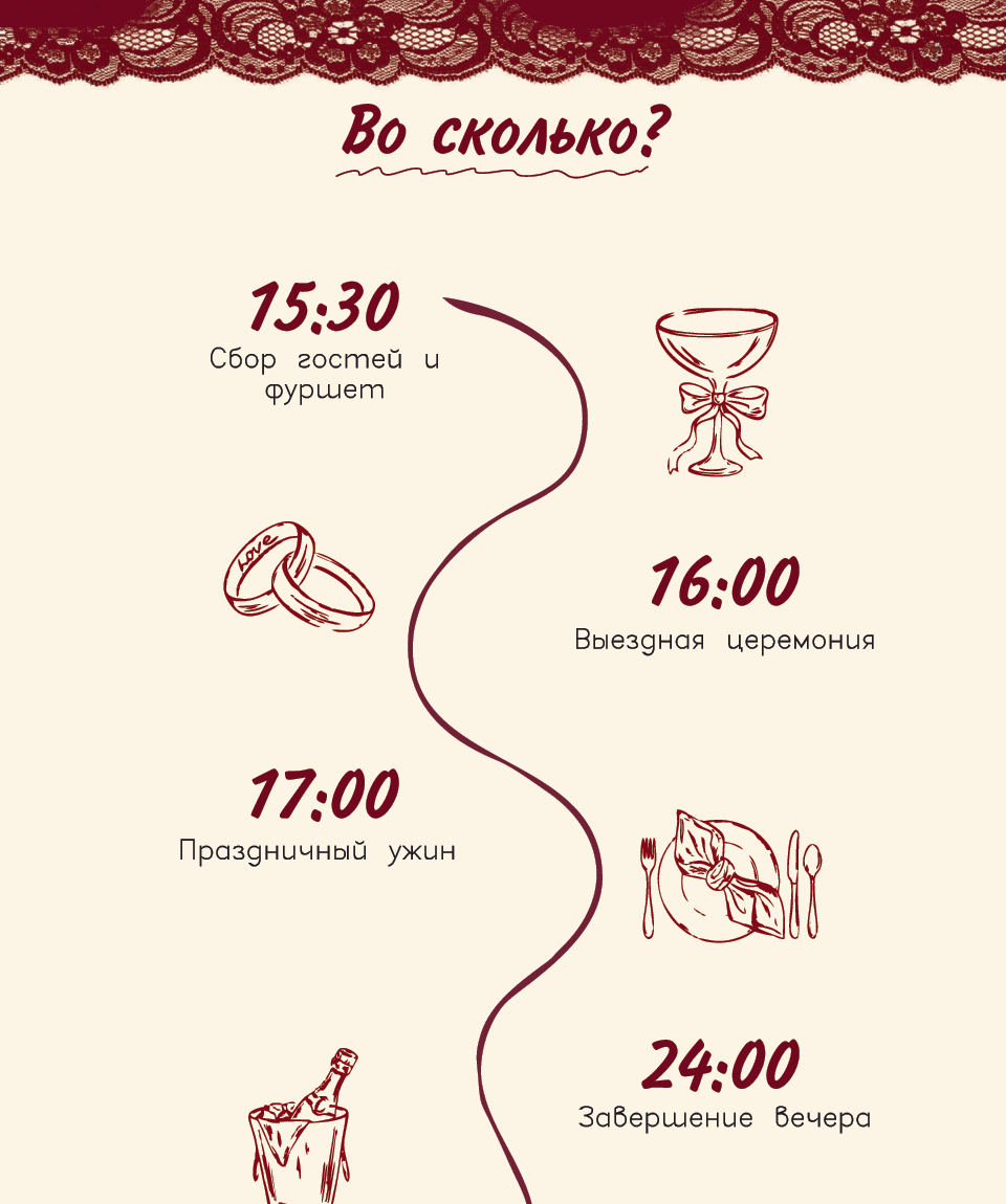 15:30 сбор гостей и фуршет, 16:00 выездная церемония, 17:00 праздничный ужин, 24:00 завершение вечера.